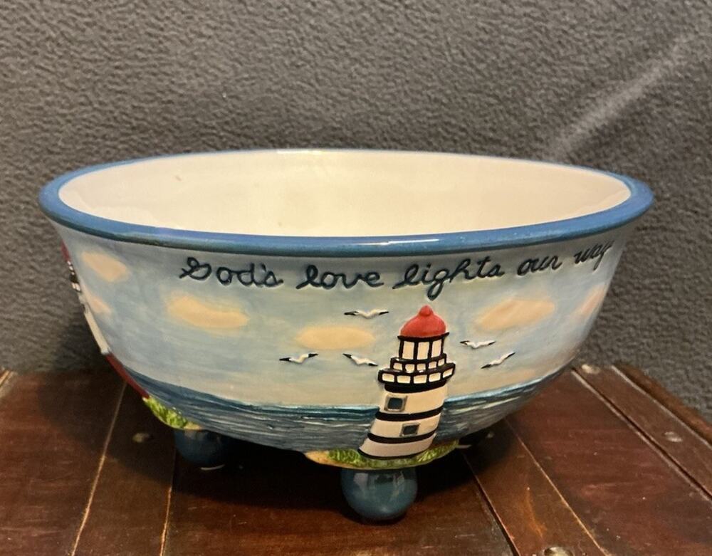 Beautiful Unique Lighthouse Bowl “Gods Love Lights Our Way” From Michael Sparks